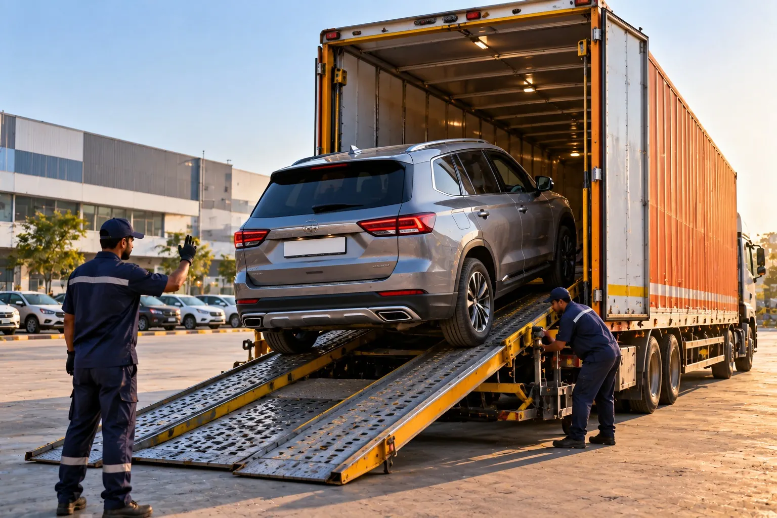 Two movers in navy uniforms guide a silver SUV up a steel ramp into an enclosed car carrier truck
