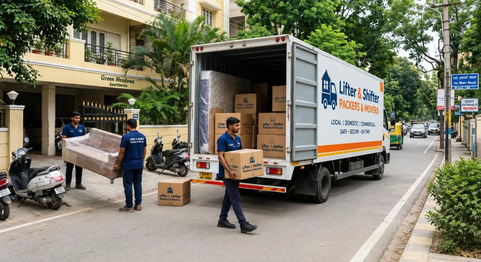 Movers carry cartons and a wrapped mattress from an apartment building to a parked moving truck