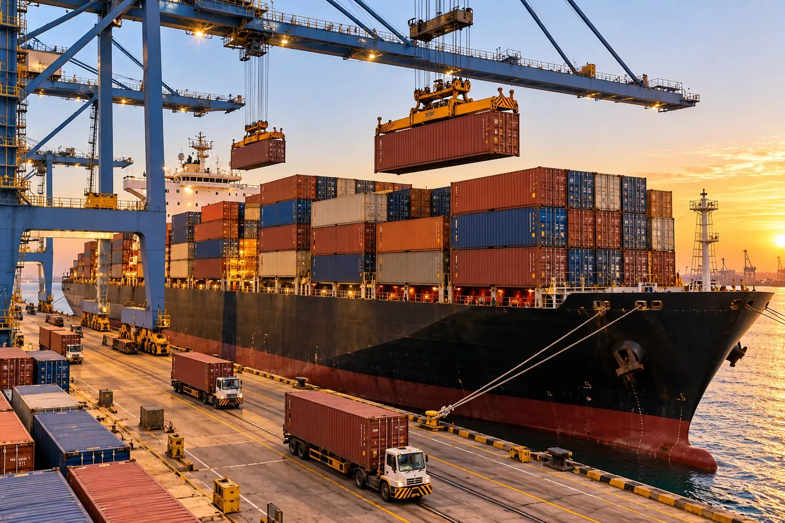 Gantry cranes lifting shipping containers onto a large cargo ship at a busy port