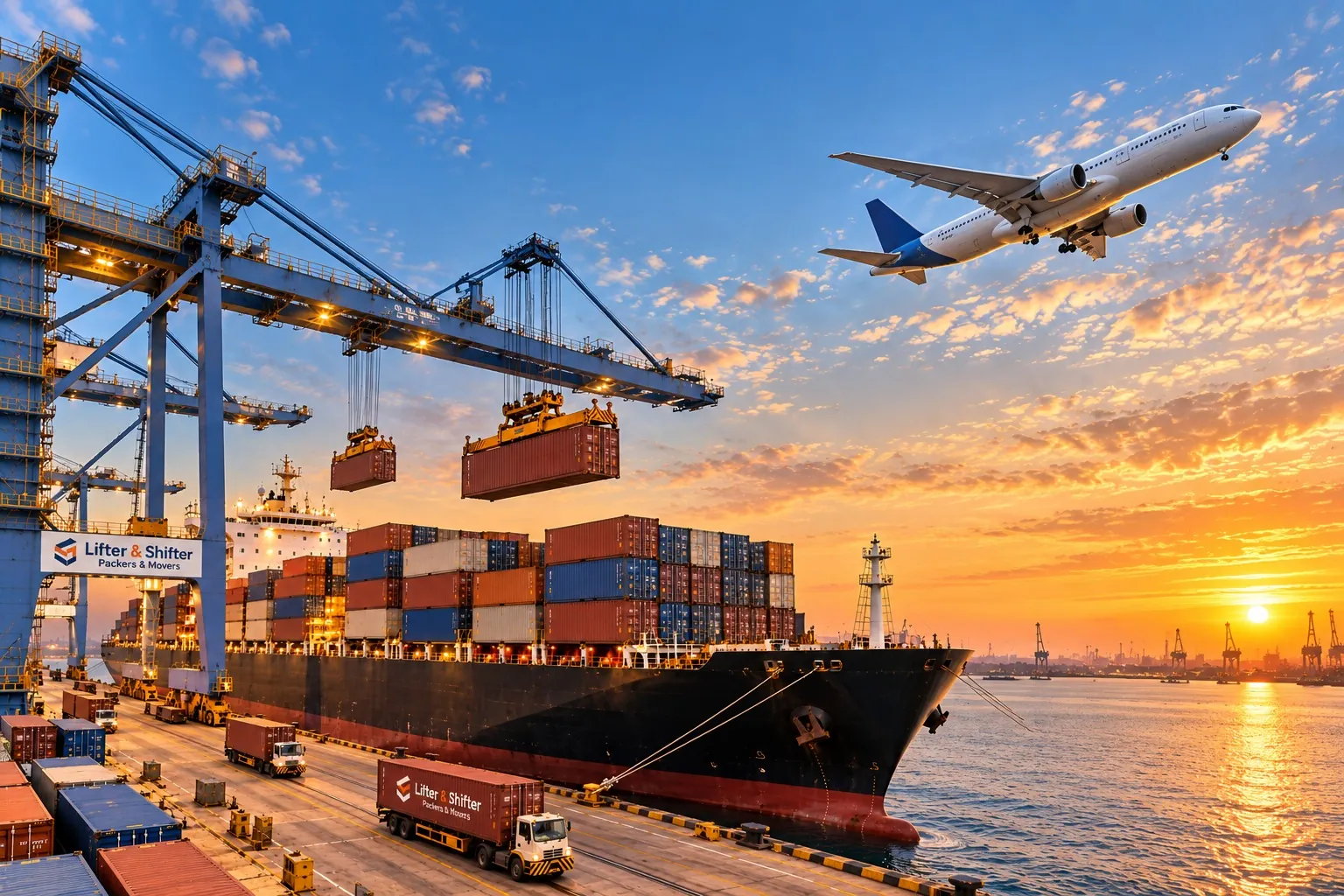 Cargo ship being loaded with containers at a port at sunset while a passenger jet takes off overhead