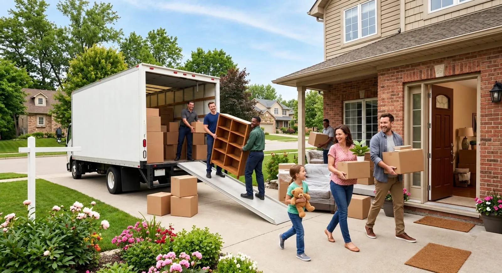 Family carrying boxes into their new house while movers unload a bookshelf down a truck ramp